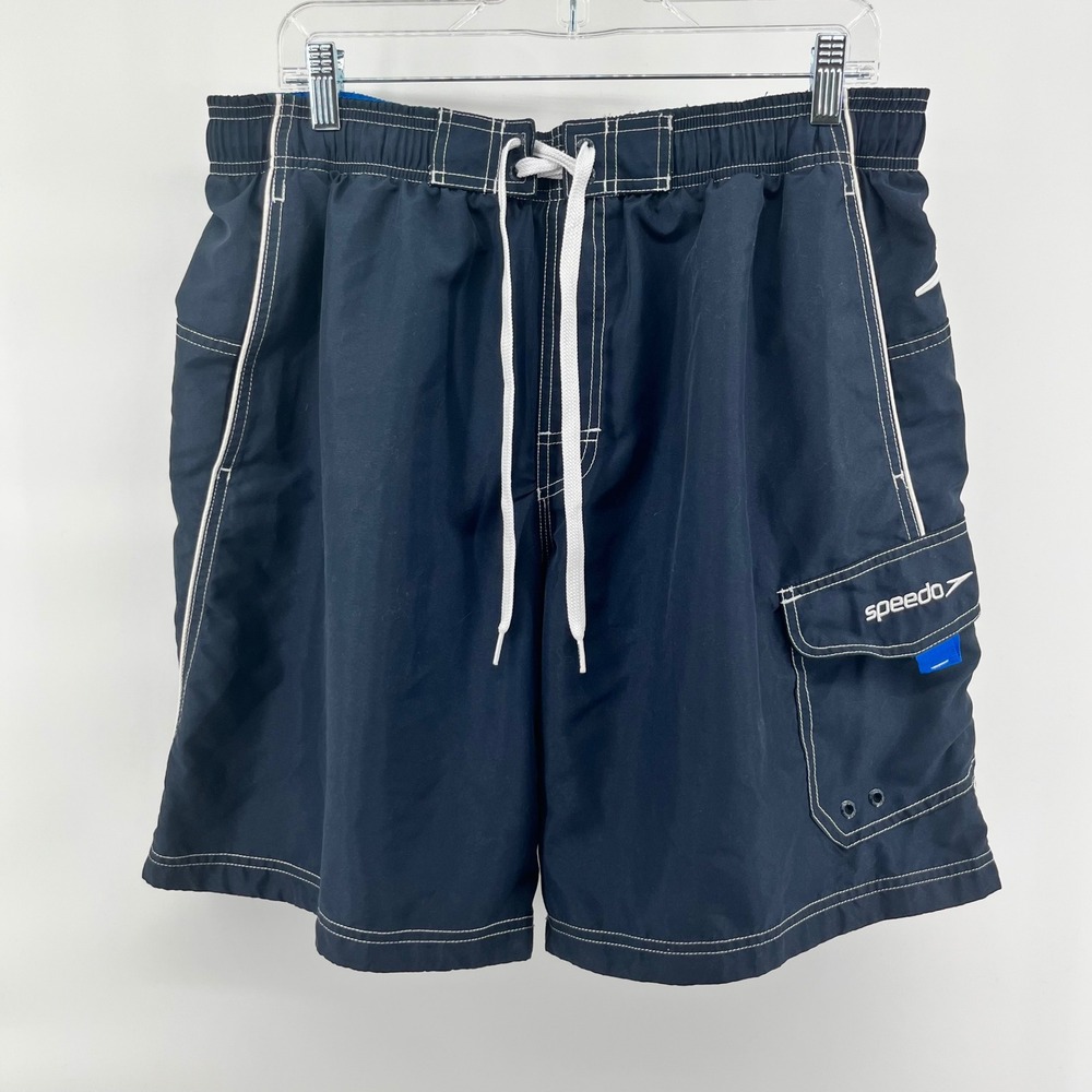 Speedo Mens Navy Blue Cargo Swim Trunks Mesh Liner Board Shorts Size XL